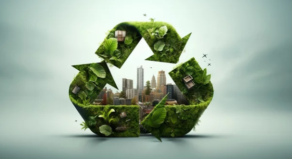 Recycling symbol made of green foliage with cityscape inside